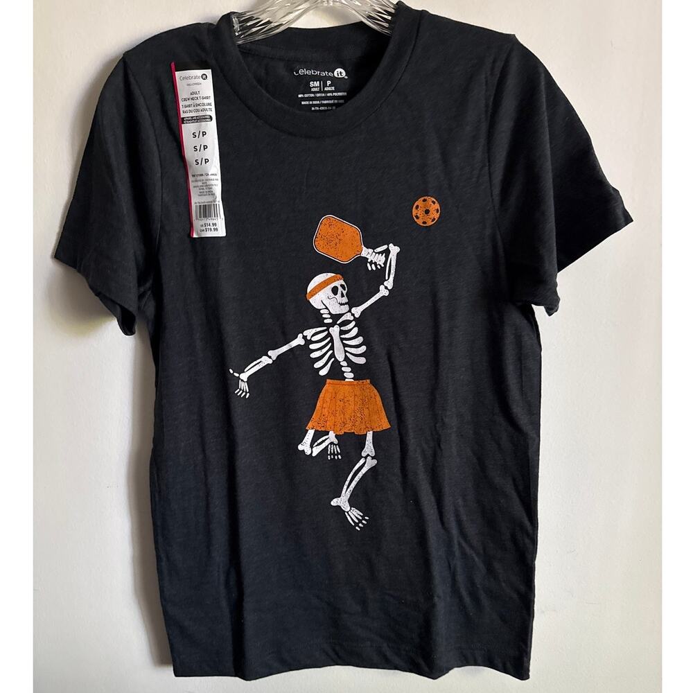 Dancing Skeleton Graphic T-Shirt Dark Gray Crew Neck Adult Size S/P Halloween